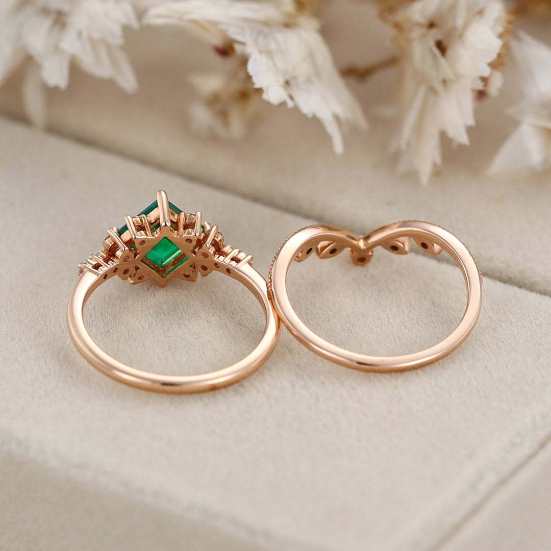 14K Solid Gold Leaf Branch Wedding Ring 1 Carat Princess Cut Lab-Grown Emerald Engagement Ring Set