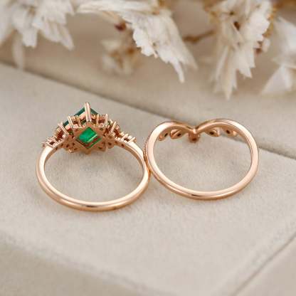 14K Solid Gold Leaf Branch Wedding Ring 1 Carat Princess Cut Lab-Grown Emerald Engagement Ring Set