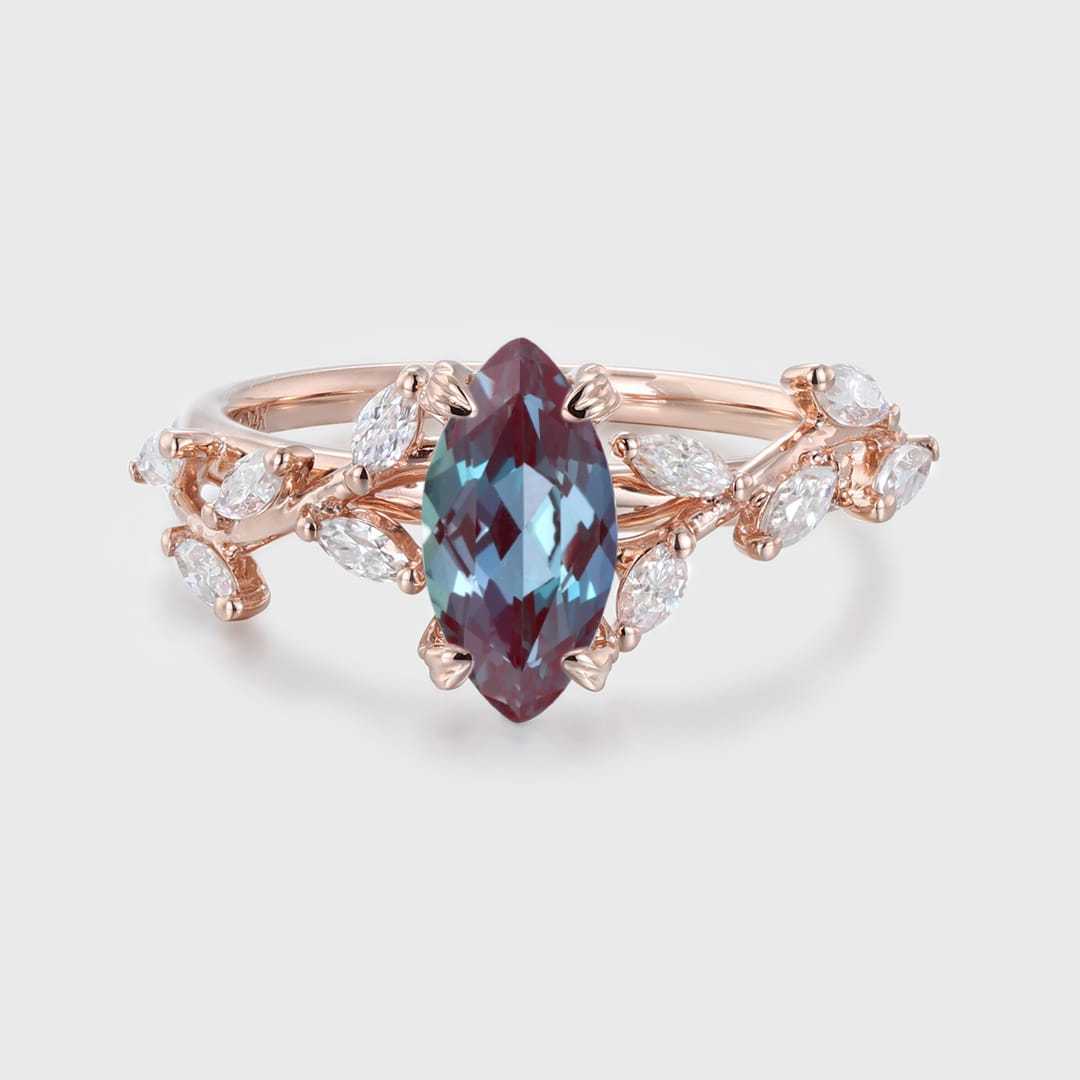 Elegant Branch Design 14K Solid Gold Marquise Cut Lab Alexandrite and Diamond Engagement Ring