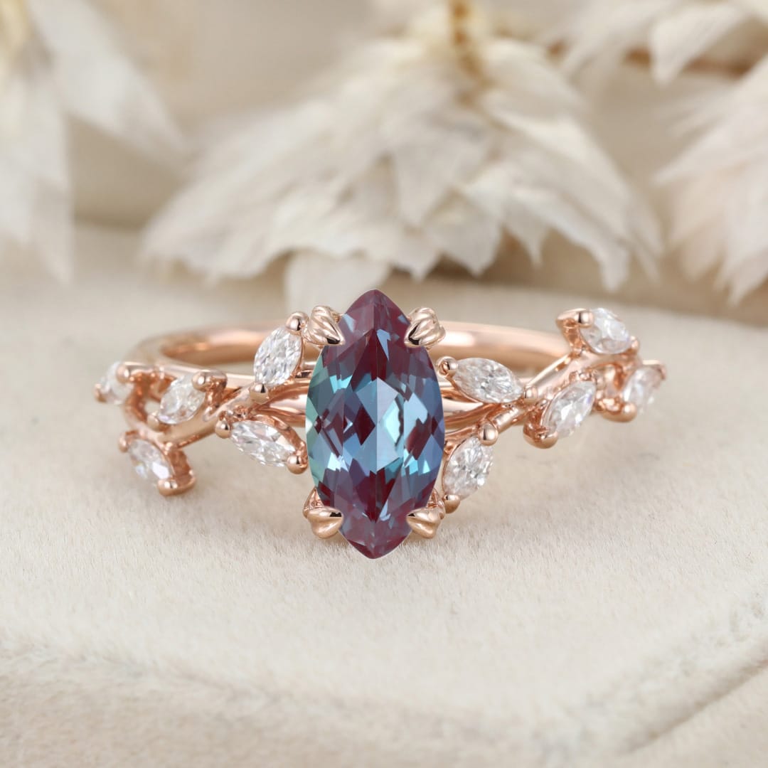 Elegant Branch Design 14K Solid Gold Marquise Cut Lab Alexandrite and Diamond Engagement Ring