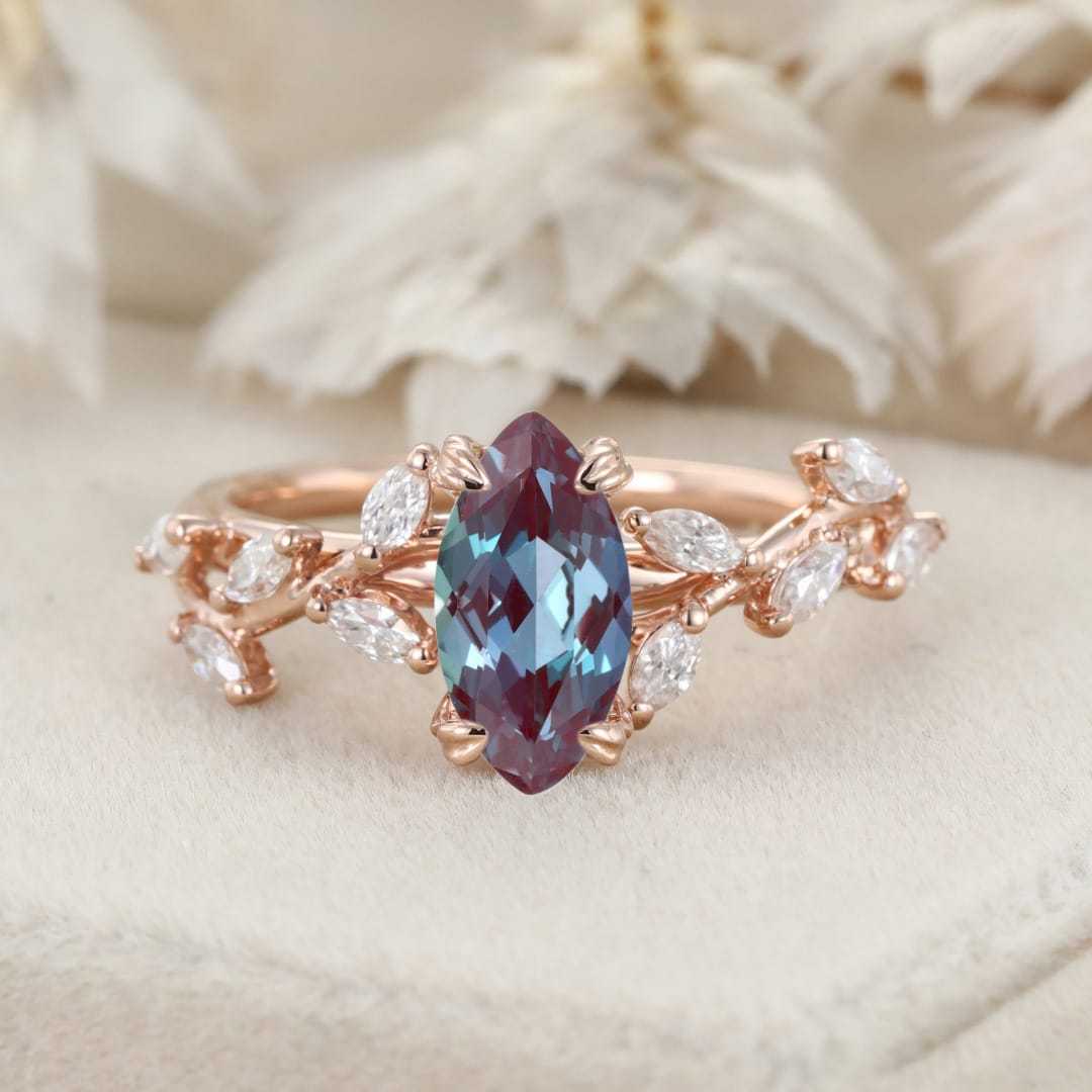 Elegant Branch Design 14K Solid Gold Marquise Cut Lab Alexandrite and Diamond Engagement Ring