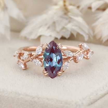 Elegant Branch Design 14K Solid Gold Marquise Cut Lab Alexandrite and Diamond Engagement Ring