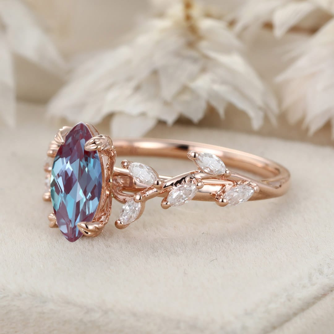 Elegant Branch Design 14K Solid Gold Marquise Cut Lab Alexandrite and Diamond Engagement Ring