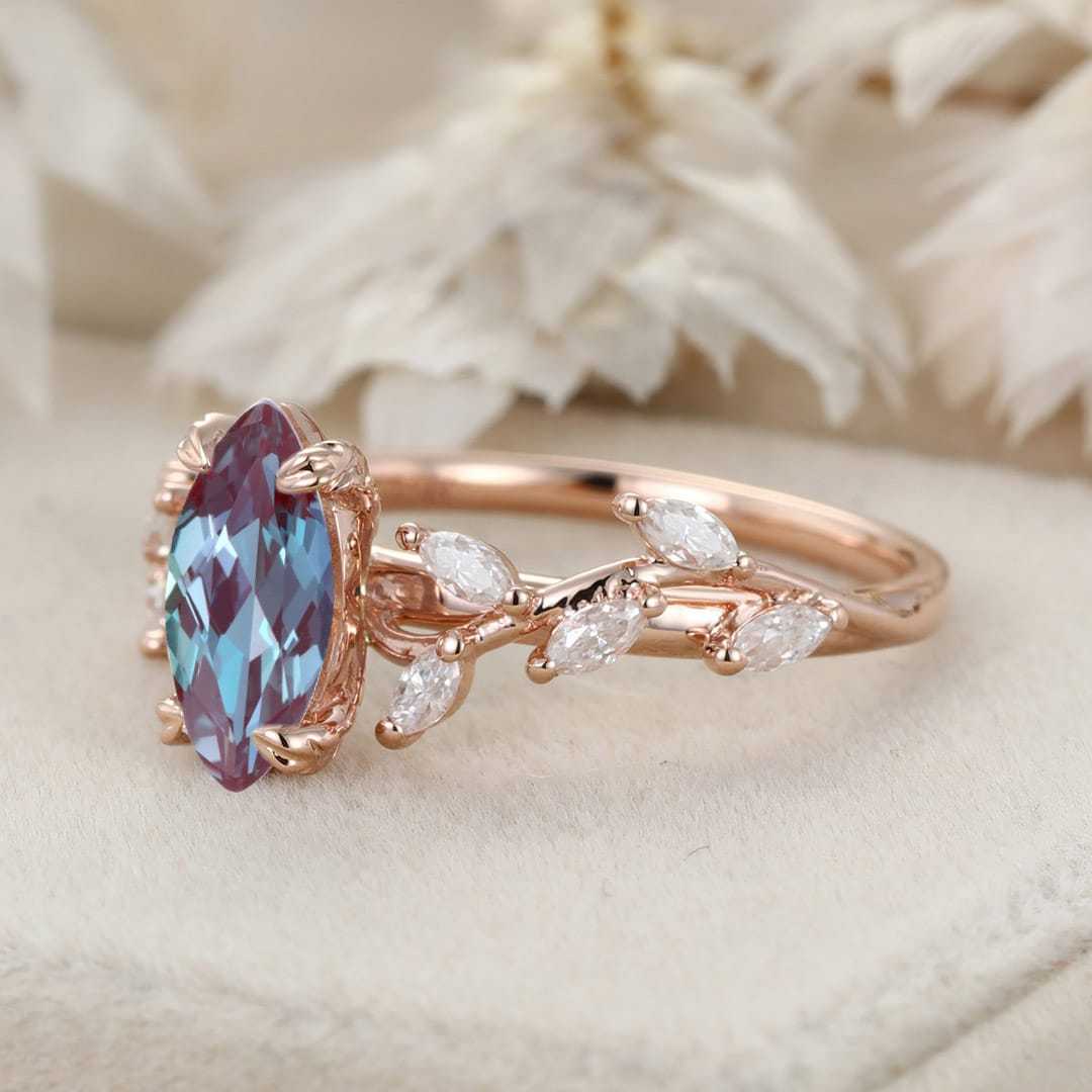 Elegant Branch Design 14K Solid Gold Marquise Cut Lab Alexandrite and Diamond Engagement Ring