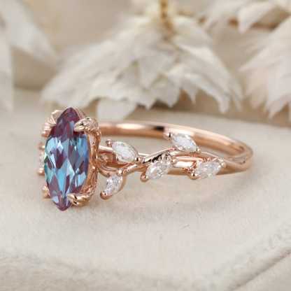 Elegant Branch Design 14K Solid Gold Marquise Cut Lab Alexandrite and Diamond Engagement Ring