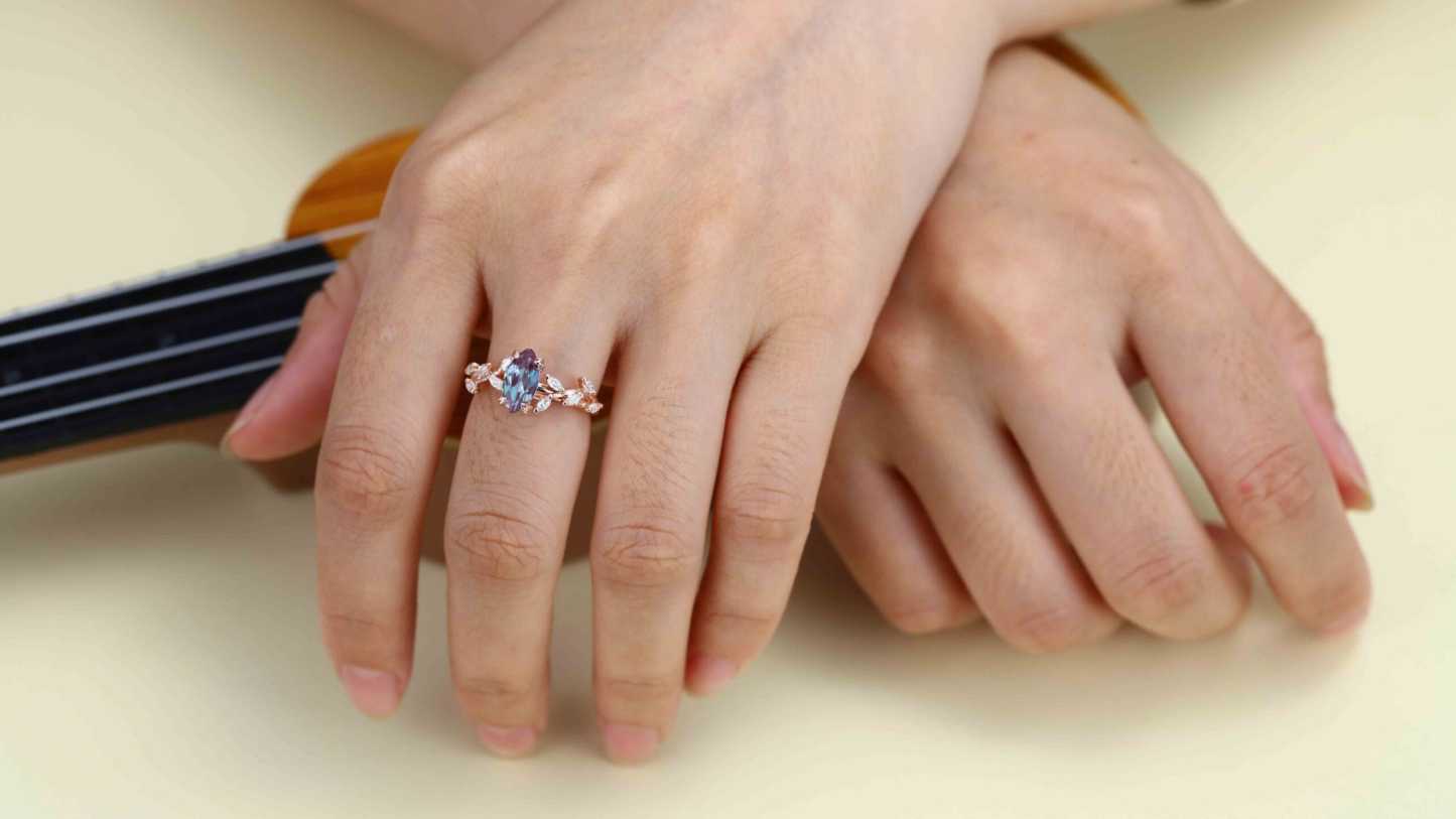 Elegant Branch Design 14K Solid Gold Marquise Cut Lab Alexandrite and Diamond Engagement Ring