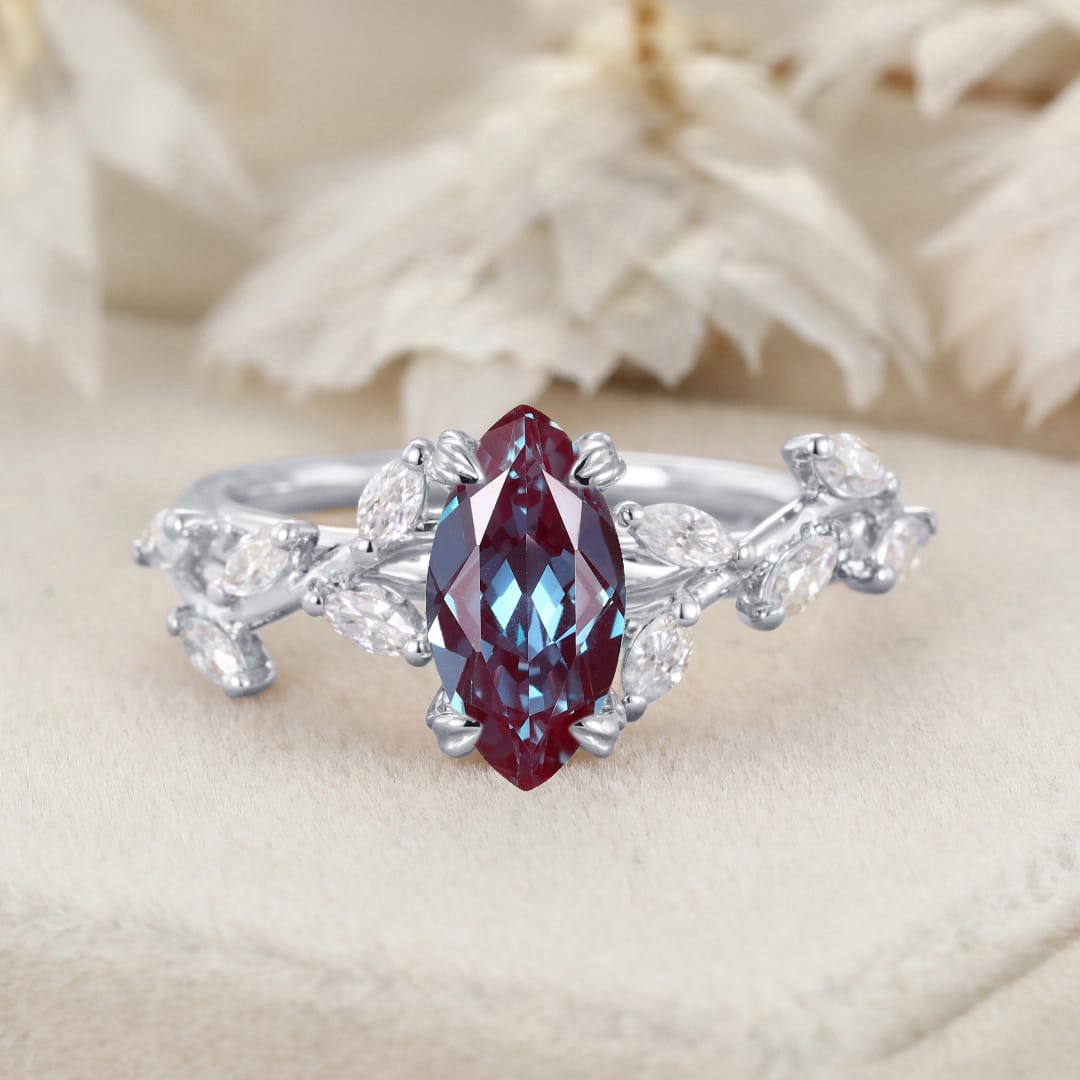 Elegant Branch Design 14K Solid Gold Marquise Cut Lab Alexandrite and Diamond Engagement Ring