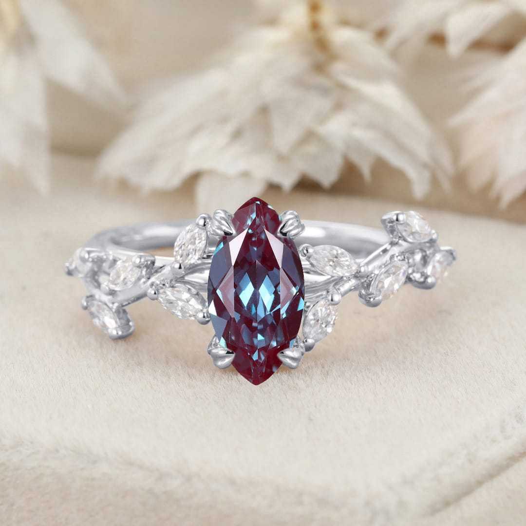 Elegant Branch Design 14K Solid Gold Marquise Cut Lab Alexandrite and Diamond Engagement Ring