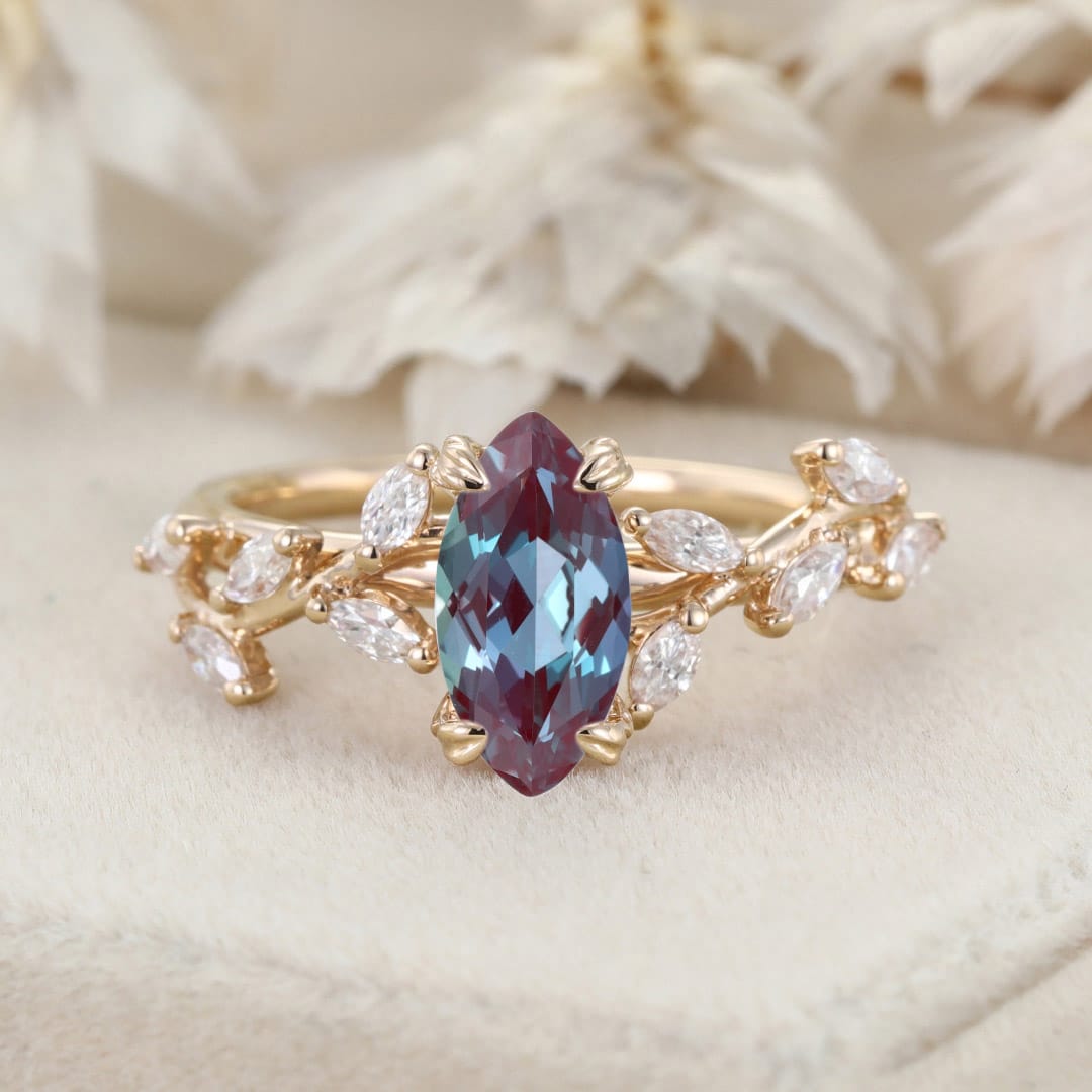 Elegant Branch Design 14K Solid Gold Marquise Cut Lab Alexandrite and Diamond Engagement Ring