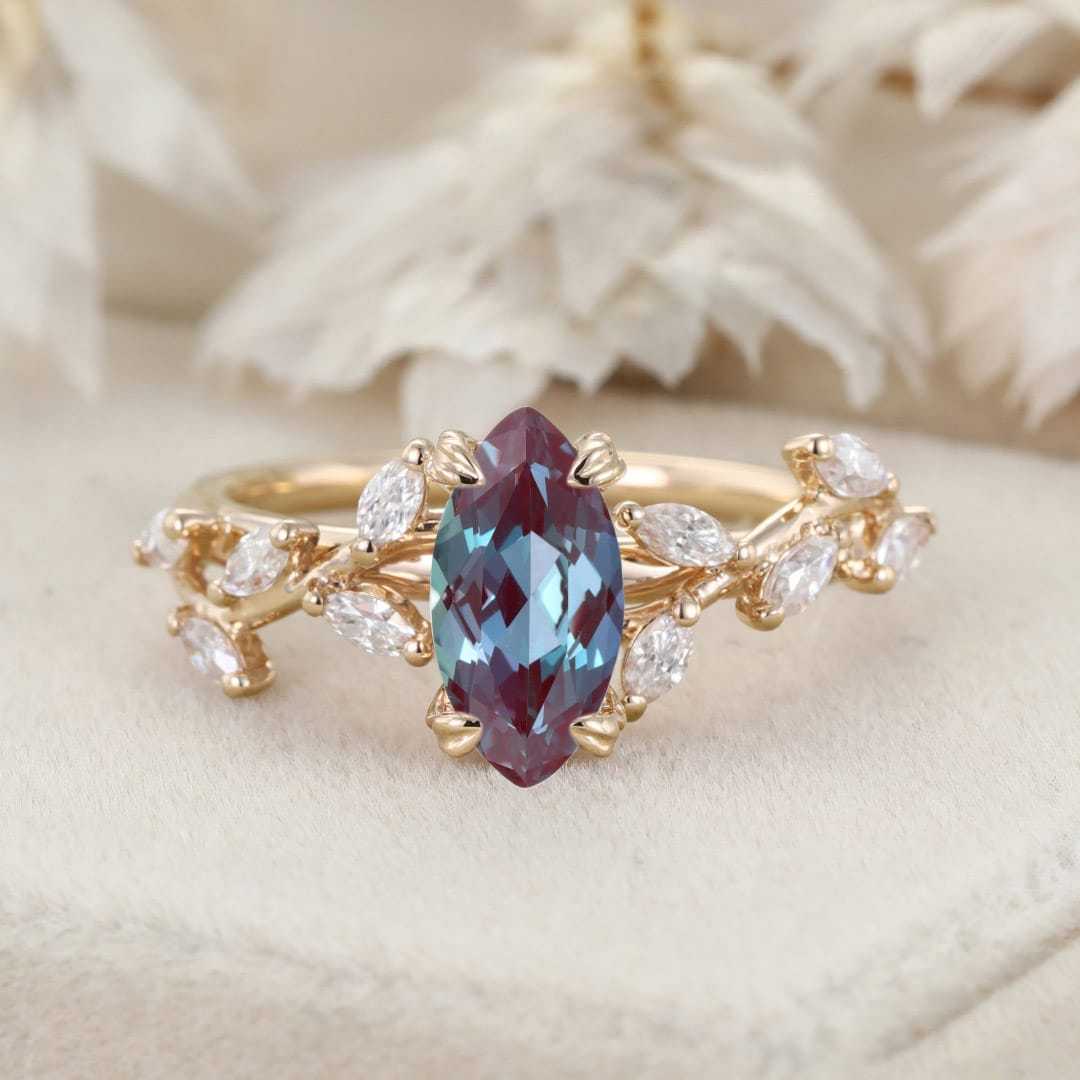 Elegant Branch Design 14K Solid Gold Marquise Cut Lab Alexandrite and Diamond Engagement Ring