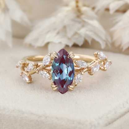 Elegant Branch Design 14K Solid Gold Marquise Cut Lab Alexandrite and Diamond Engagement Ring