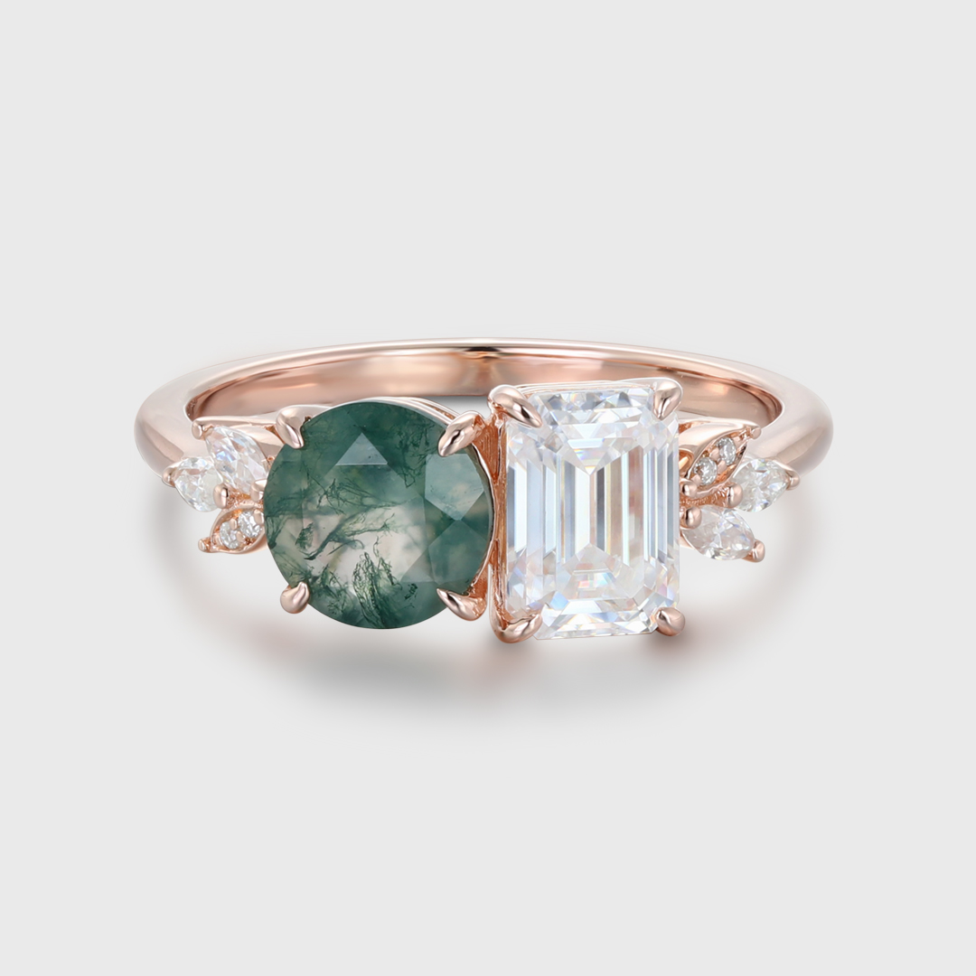 14K Solid Gold Two Stone Emerald Cut Moissanite & Round Cut Moss Agate Engagement Ring Gift Her