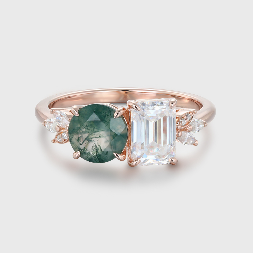 14K Solid Gold Two Stone Emerald Cut Moissanite & Round Cut Moss Agate Engagement Ring Gift Her