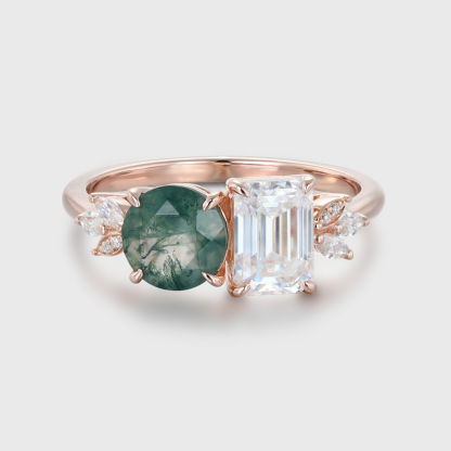 14K Solid Gold Two Stone Emerald Cut Moissanite & Round Cut Moss Agate Engagement Ring Gift Her