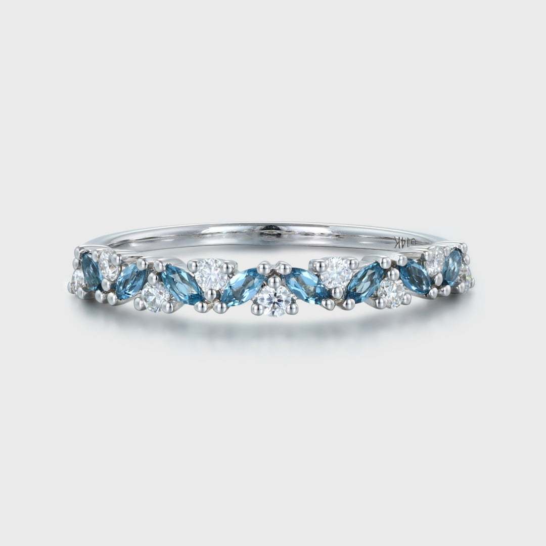 14K White gold Marquise London Blue Topaz wedding band Half Eternity Diamond wedding band women vintage Unique Bridal Stacking Anniversary gift