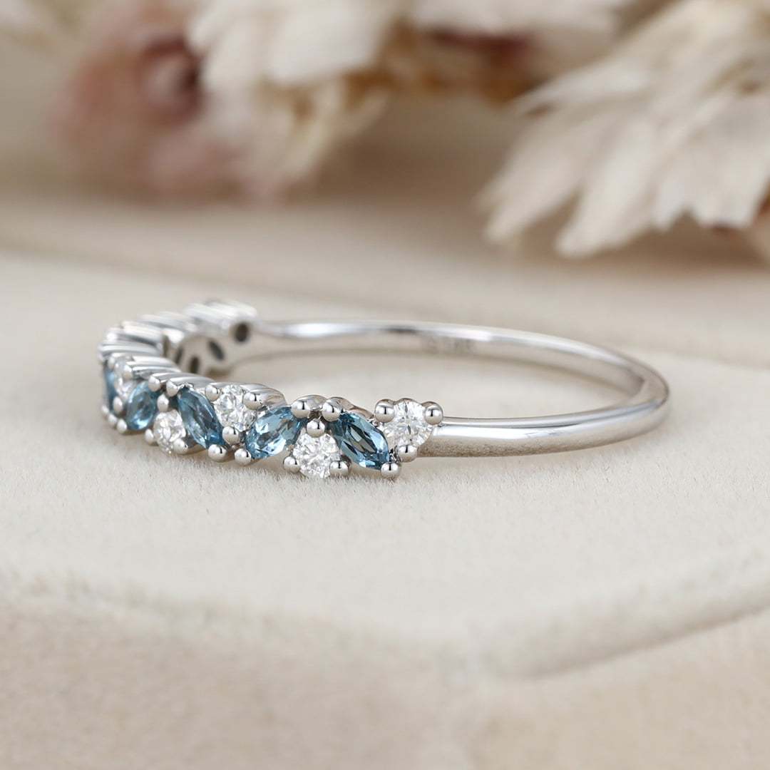 14K White gold Marquise London Blue Topaz wedding band Half Eternity Diamond wedding band women vintage Unique Bridal Stacking Anniversary gift