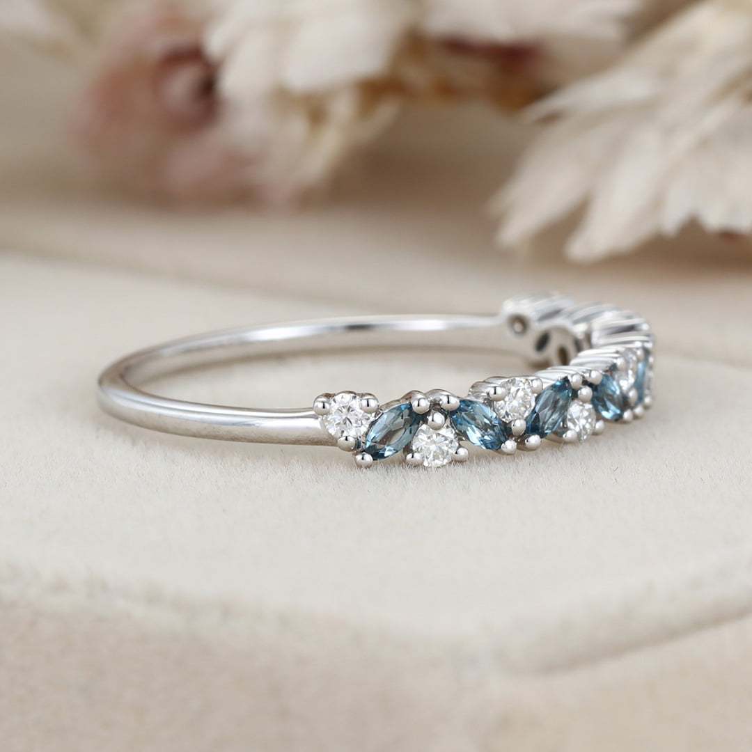 14K White gold Marquise London Blue Topaz wedding band Half Eternity Diamond wedding band women vintage Unique Bridal Stacking Anniversary gift