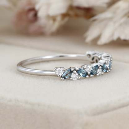 14K White gold Marquise London Blue Topaz wedding band Half Eternity Diamond wedding band women vintage Unique Bridal Stacking Anniversary gift