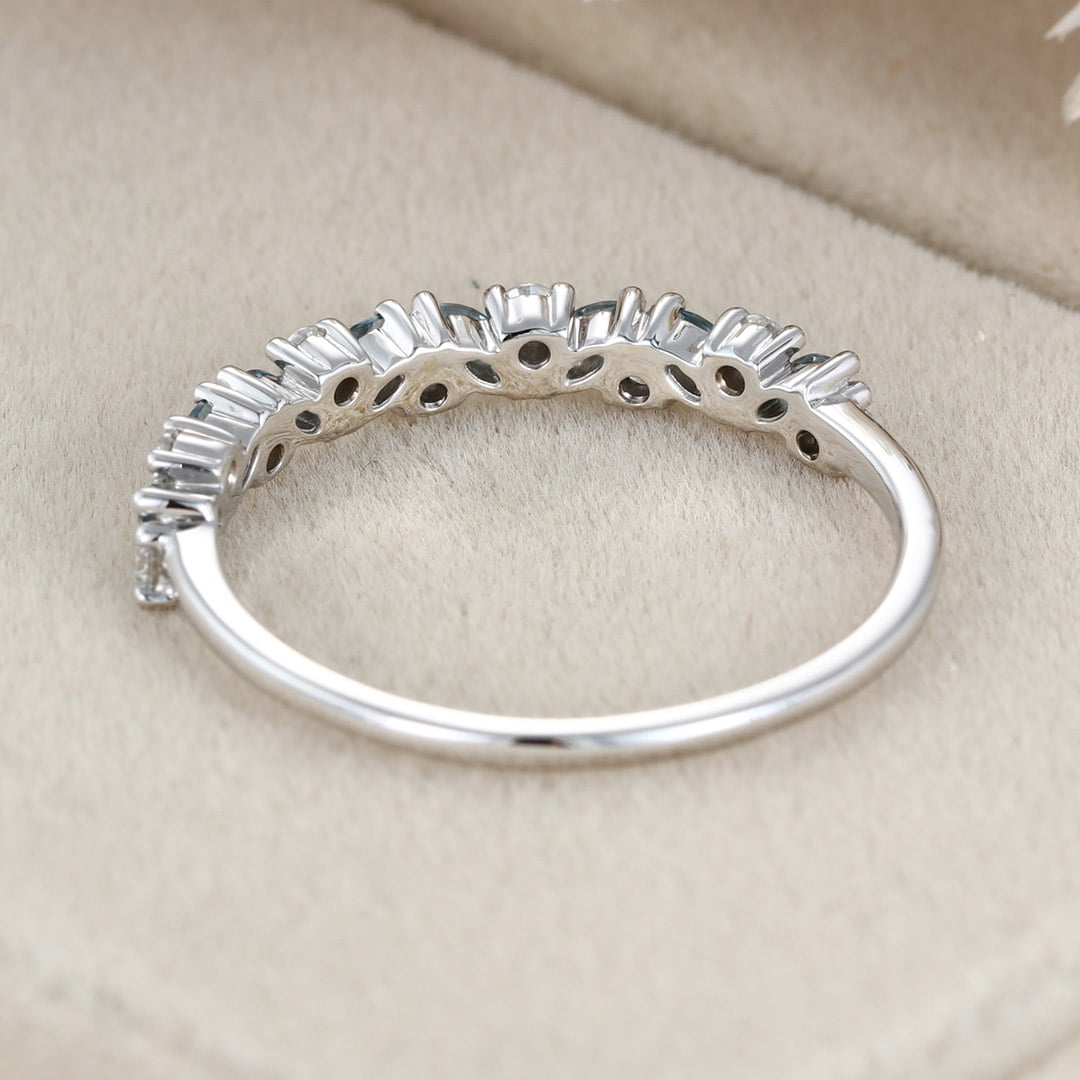 14K White gold Marquise London Blue Topaz wedding band Half Eternity Diamond wedding band women vintage Unique Bridal Stacking Anniversary gift