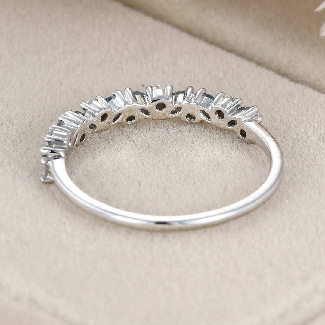 14K White gold Marquise London Blue Topaz wedding band Half Eternity Diamond wedding band women vintage Unique Bridal Stacking Anniversary gift