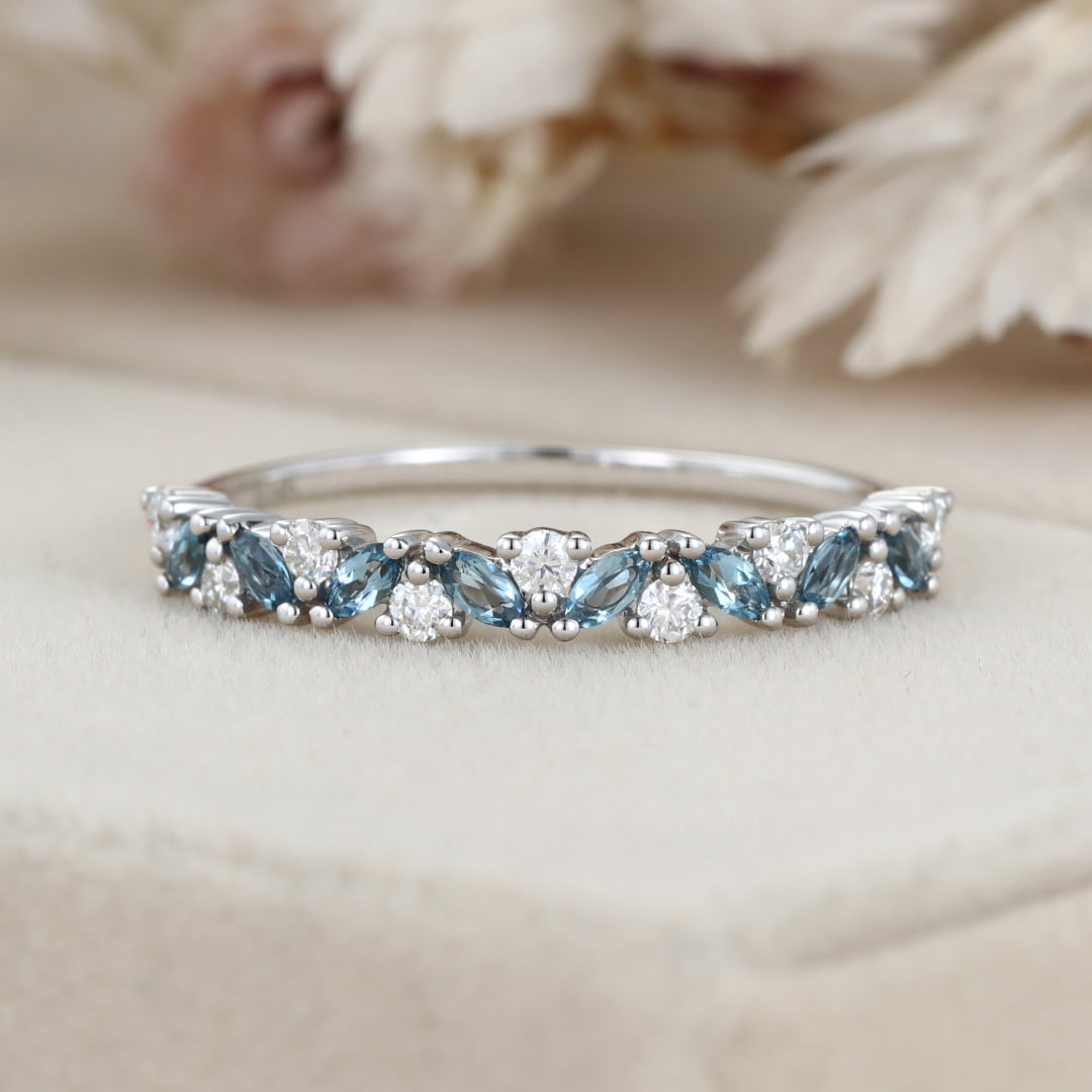 14K White gold Marquise London Blue Topaz wedding band Half Eternity Diamond wedding band women vintage Unique Bridal Stacking Anniversary gift