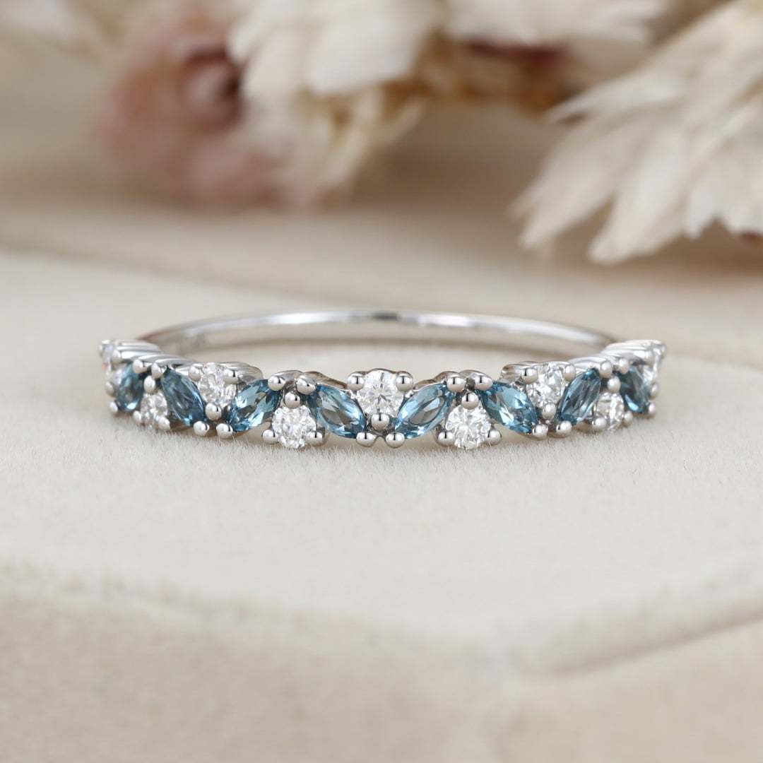 14K White gold Marquise London Blue Topaz wedding band Half Eternity Diamond wedding band women vintage Unique Bridal Stacking Anniversary gift