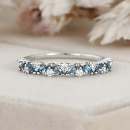 14K White gold Marquise London Blue Topaz wedding band Half Eternity Diamond wedding band women vintage Unique Bridal Stacking Anniversary gift