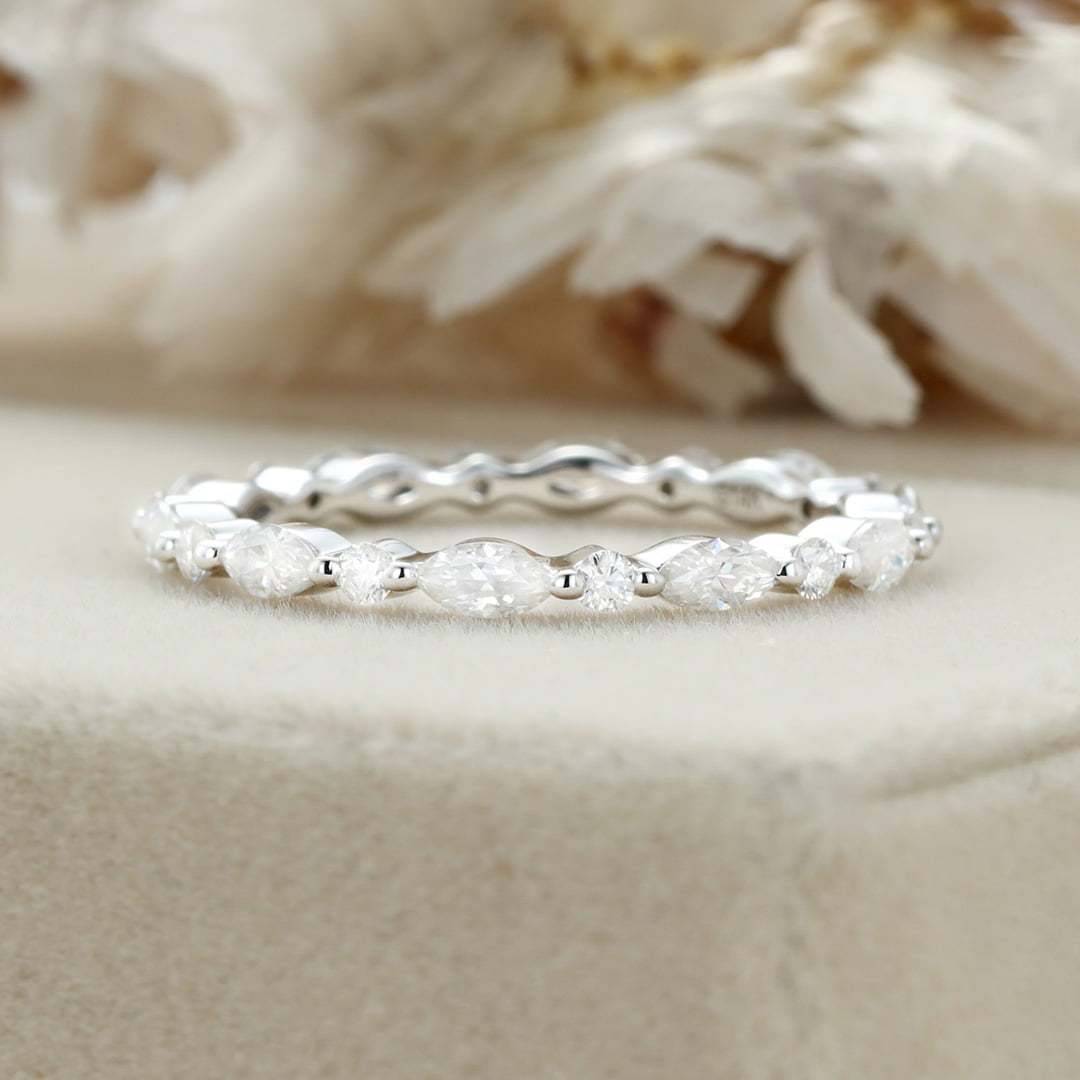 14K White gold Marquise cut wedding ring Moissanite wedding ring vintage Diamond stacking matching Unique Full eternity Bridal Promise gift