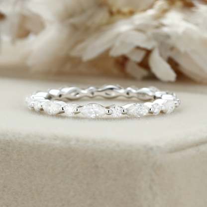 14K White gold Marquise cut wedding ring Moissanite wedding ring vintage Diamond stacking matching Unique Full eternity Bridal Promise gift