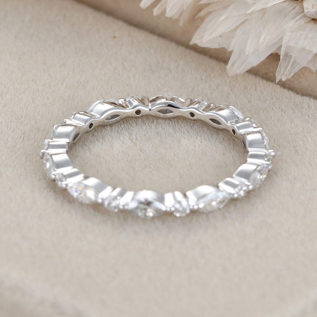 14K White gold Marquise cut wedding ring Moissanite wedding ring vintage Diamond stacking matching Unique Full eternity Bridal Promise gift