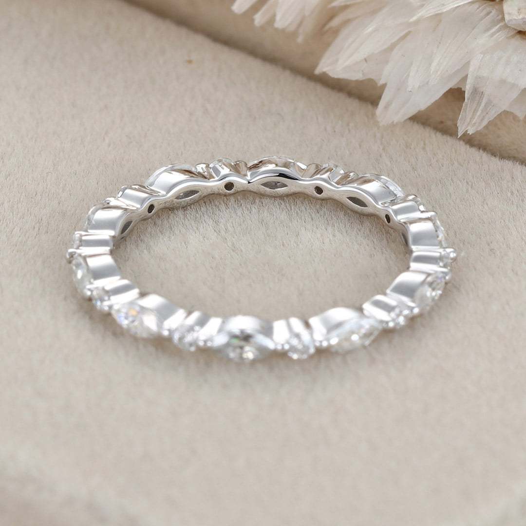 14K White gold Marquise cut wedding ring Moissanite wedding ring vintage Diamond stacking matching Unique Full eternity Bridal Promise gift