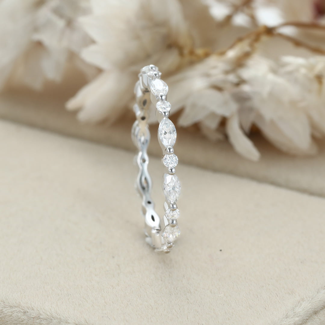 14K White gold Marquise cut wedding ring Moissanite wedding ring vintage Diamond stacking matching Unique Full eternity Bridal Promise gift