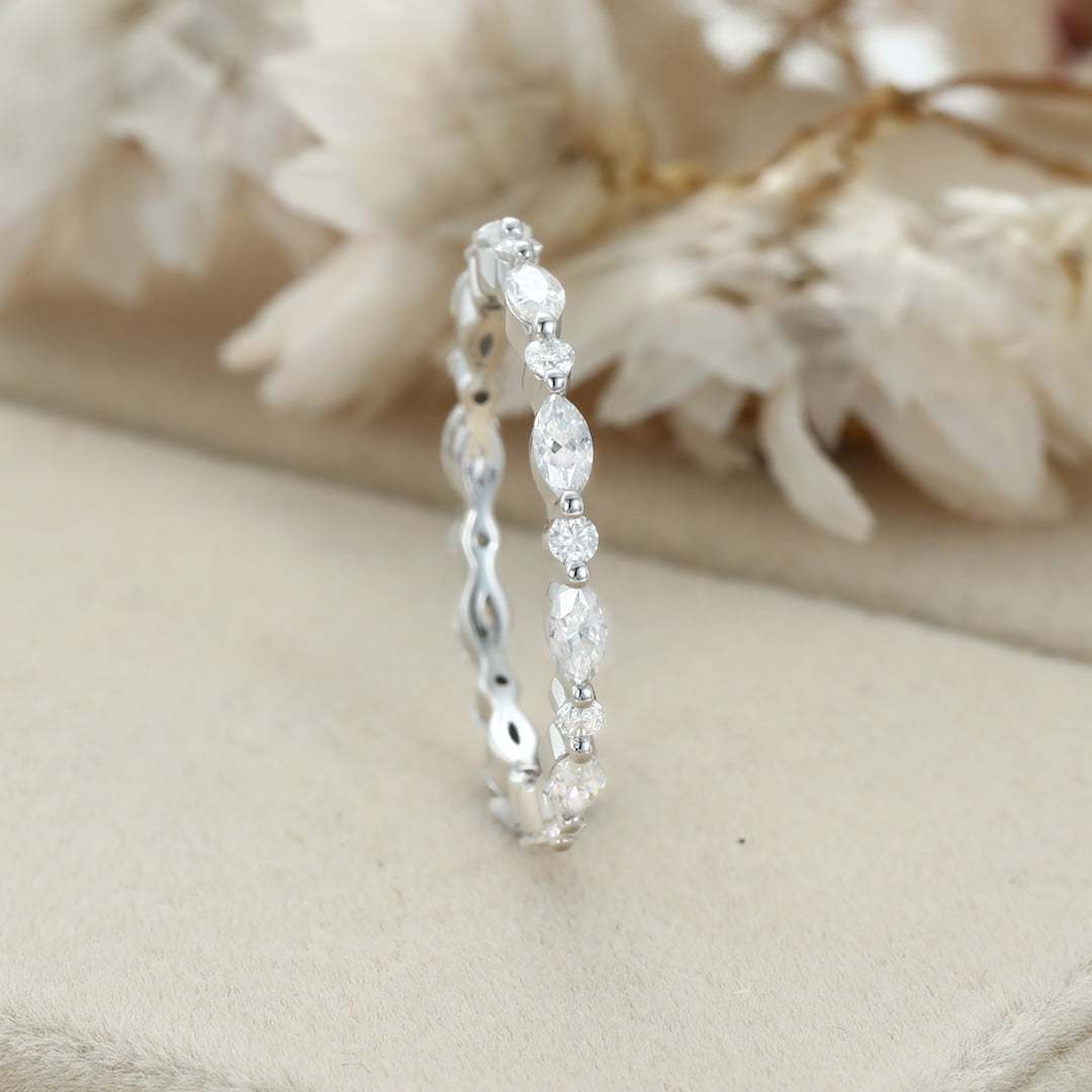14K White gold Marquise cut wedding ring Moissanite wedding ring vintage Diamond stacking matching Unique Full eternity Bridal Promise gift
