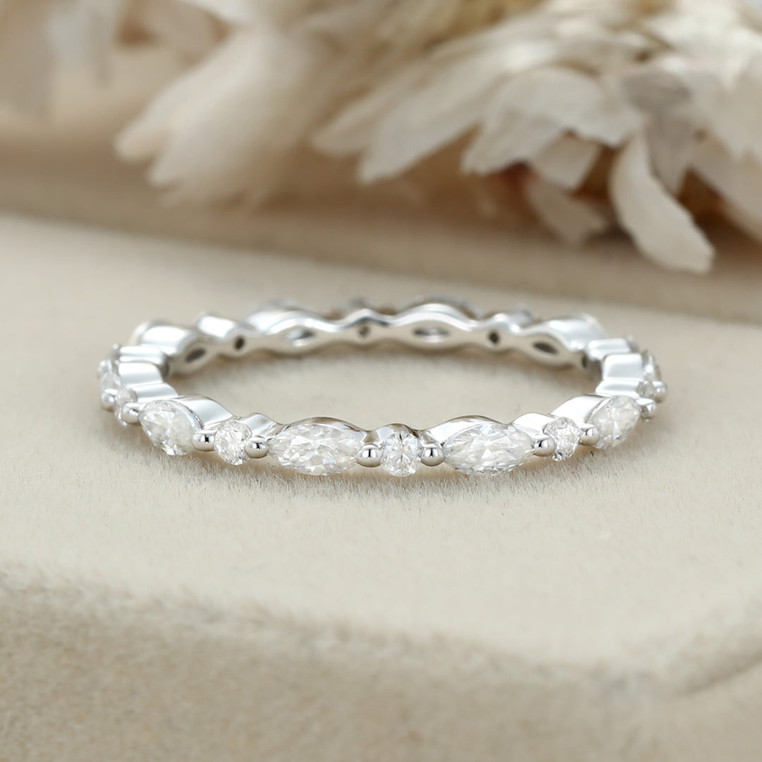 14K White gold Marquise cut wedding ring Moissanite wedding ring vintage Diamond stacking matching Unique Full eternity Bridal Promise gift