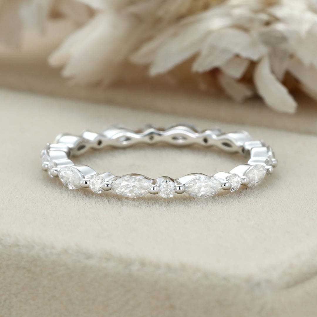 14K White gold Marquise cut wedding ring Moissanite wedding ring vintage Diamond stacking matching Unique Full eternity Bridal Promise gift