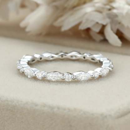 14K White gold Marquise cut wedding ring Moissanite wedding ring vintage Diamond stacking matching Unique Full eternity Bridal Promise gift