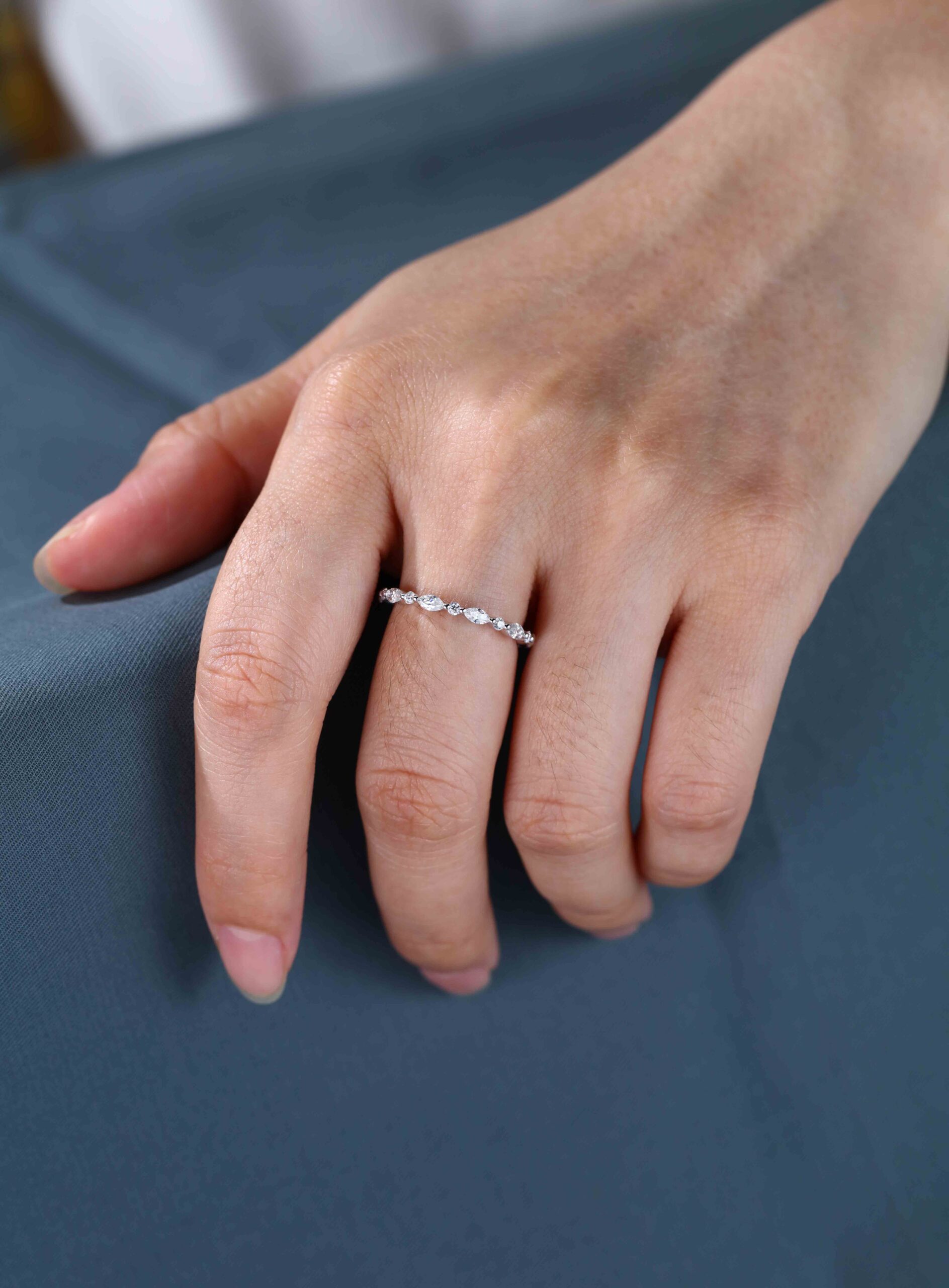 14K White gold Marquise cut wedding ring Moissanite wedding ring vintage Diamond stacking matching Unique Full eternity Bridal Promise gift