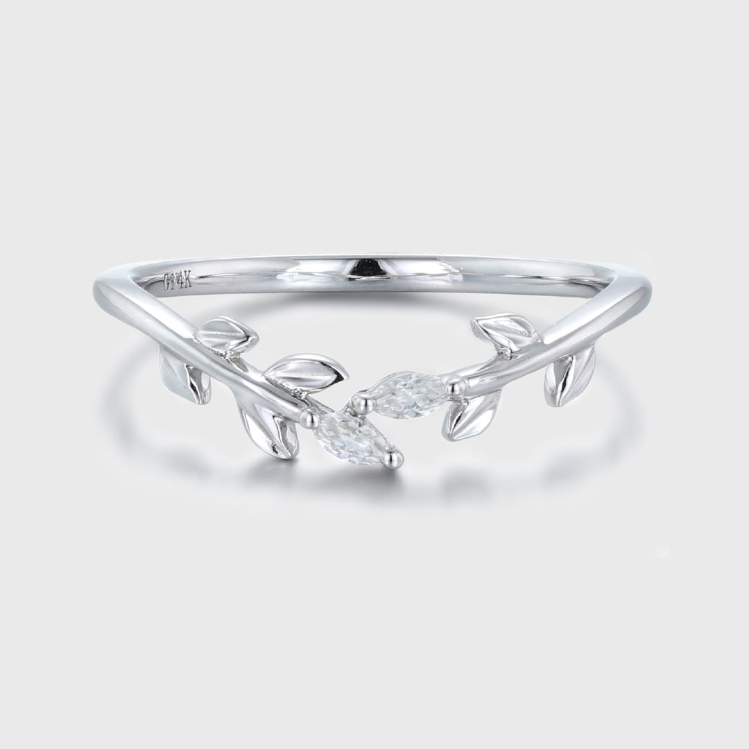 14K White gold wedding band Unique diamond wedding band Curved Marquise moissanite wedding ring leaf ring Bridal promise Anniversary gift ring