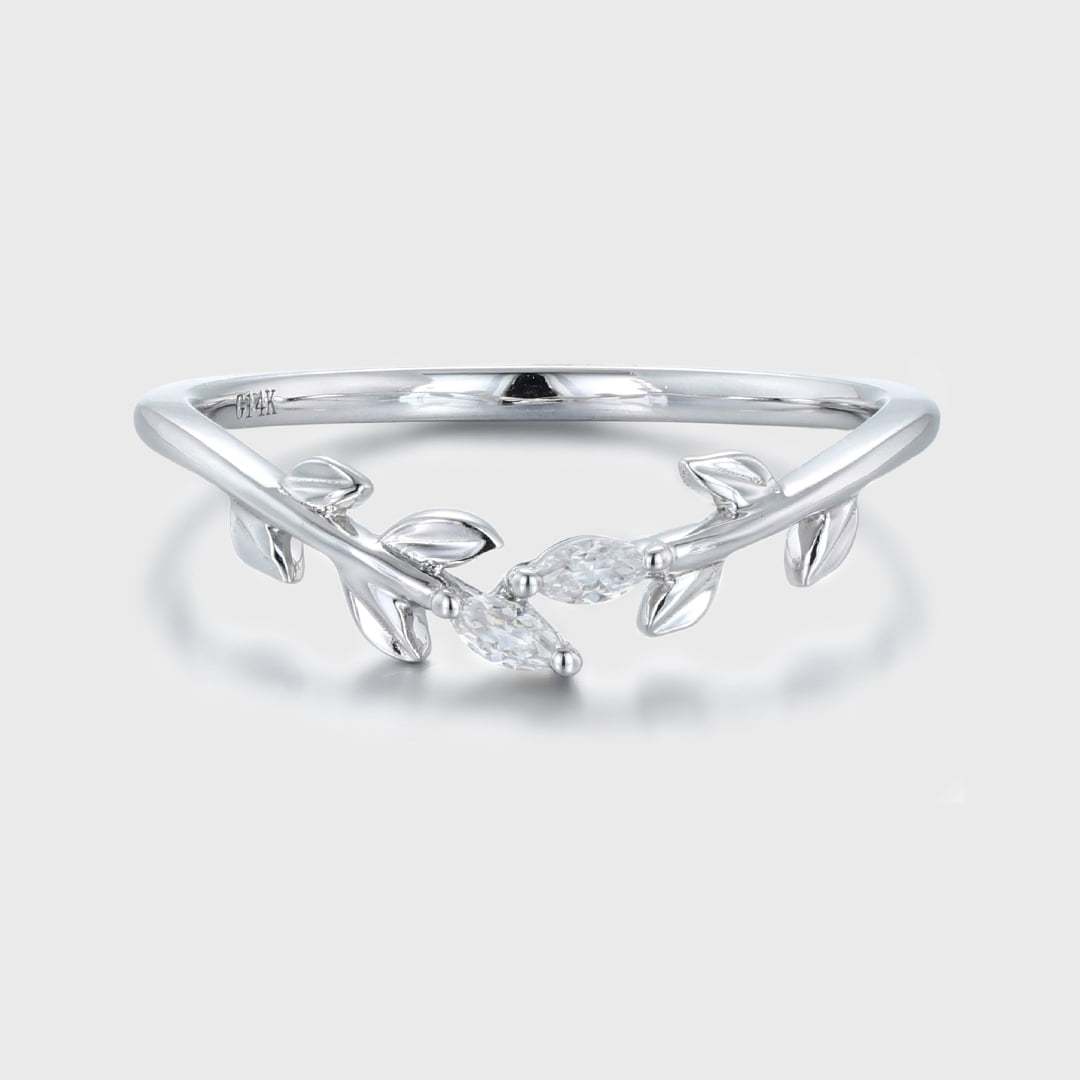14K White gold wedding band Unique diamond wedding band Curved Marquise moissanite wedding ring leaf ring Bridal promise Anniversary gift ring
