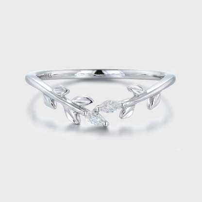 14K White gold wedding band Unique diamond wedding band Curved Marquise moissanite wedding ring leaf ring Bridal promise Anniversary gift ring