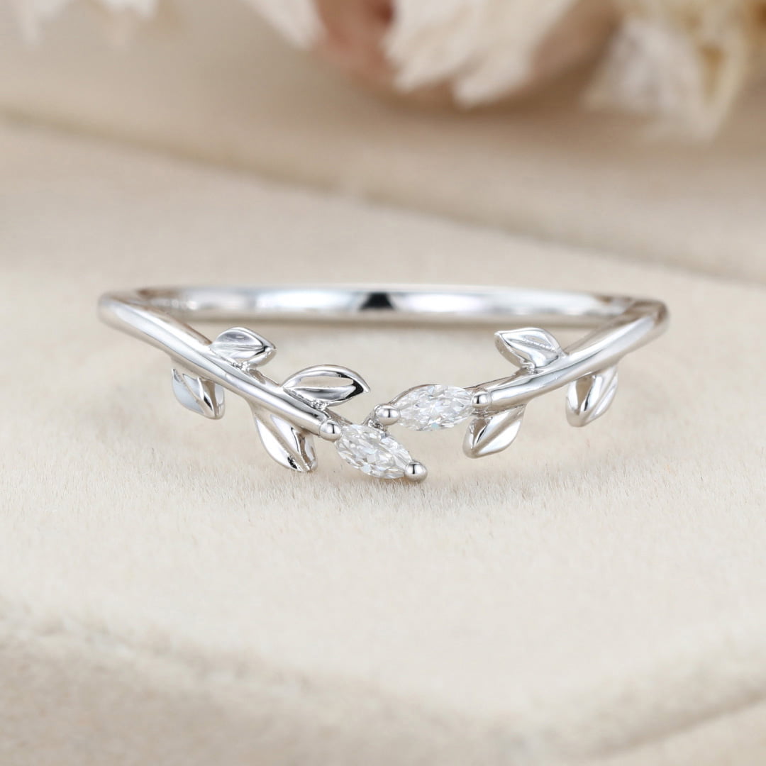 14K White gold wedding band Unique diamond wedding band Curved Marquise moissanite wedding ring leaf ring Bridal promise Anniversary gift ring