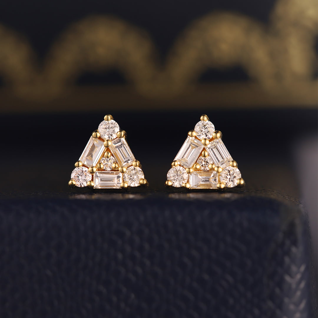 14K Yellow Gold Diamond Earrings Triangle Diamond Earrings Triangle Earrings Diamond Stud Earrings Real Natural Diamond Earrings