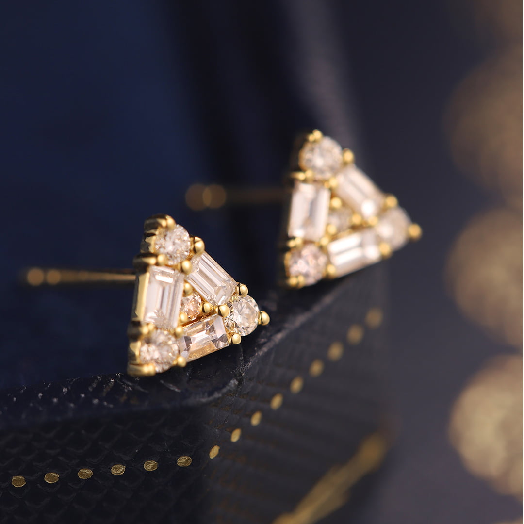 14K Yellow Gold Diamond Earrings Triangle Diamond Earrings Triangle Earrings Diamond Stud Earrings Real Natural Diamond Earrings