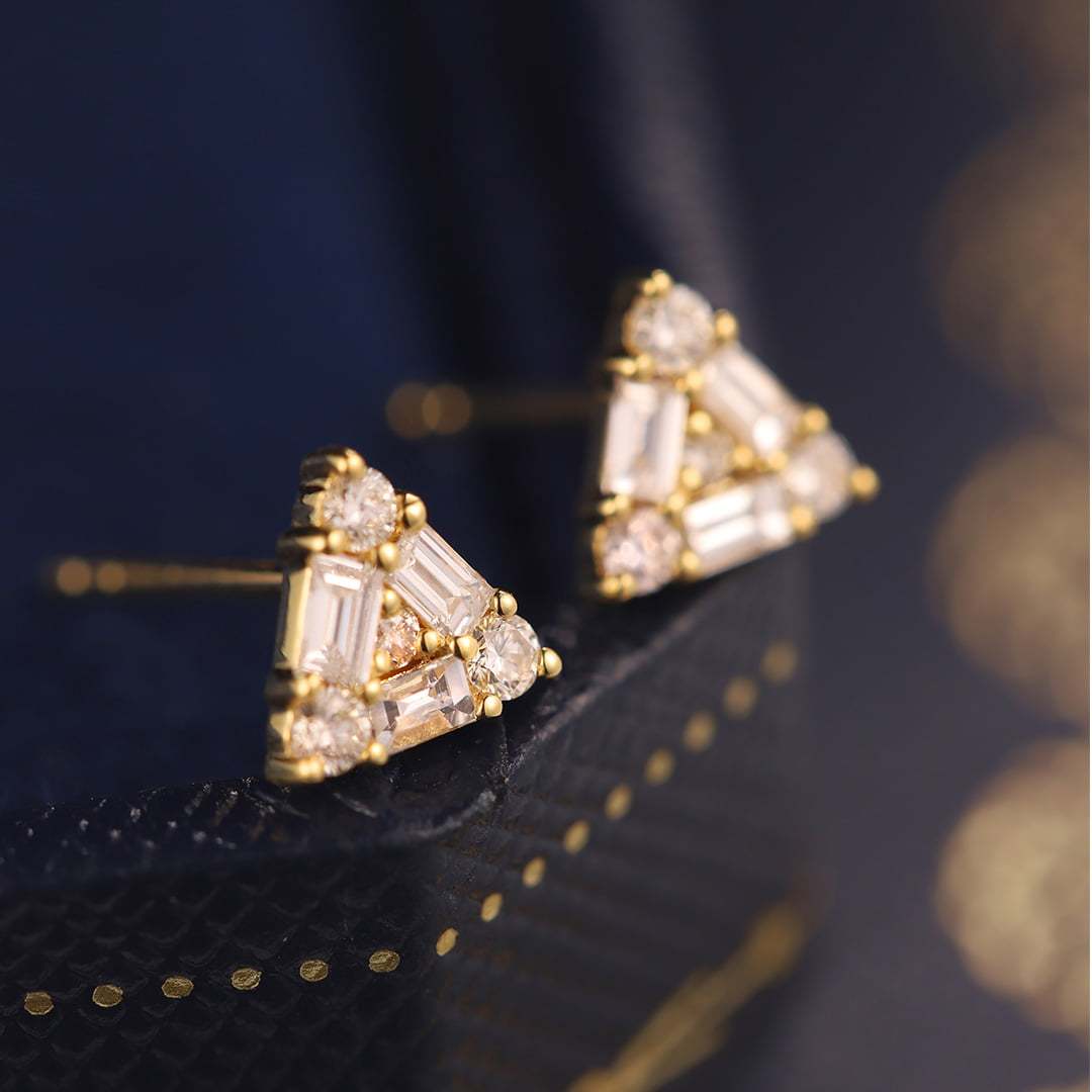 14K Yellow Gold Diamond Earrings Triangle Diamond Earrings Triangle Earrings Diamond Stud Earrings Real Natural Diamond Earrings