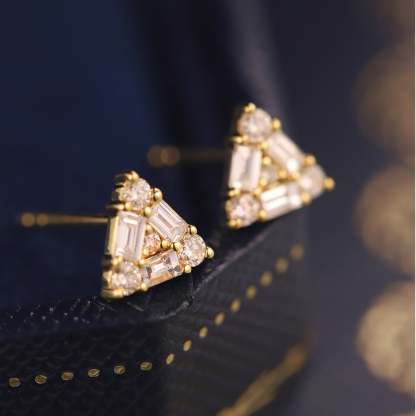 14K Yellow Gold Diamond Earrings Triangle Diamond Earrings Triangle Earrings Diamond Stud Earrings Real Natural Diamond Earrings