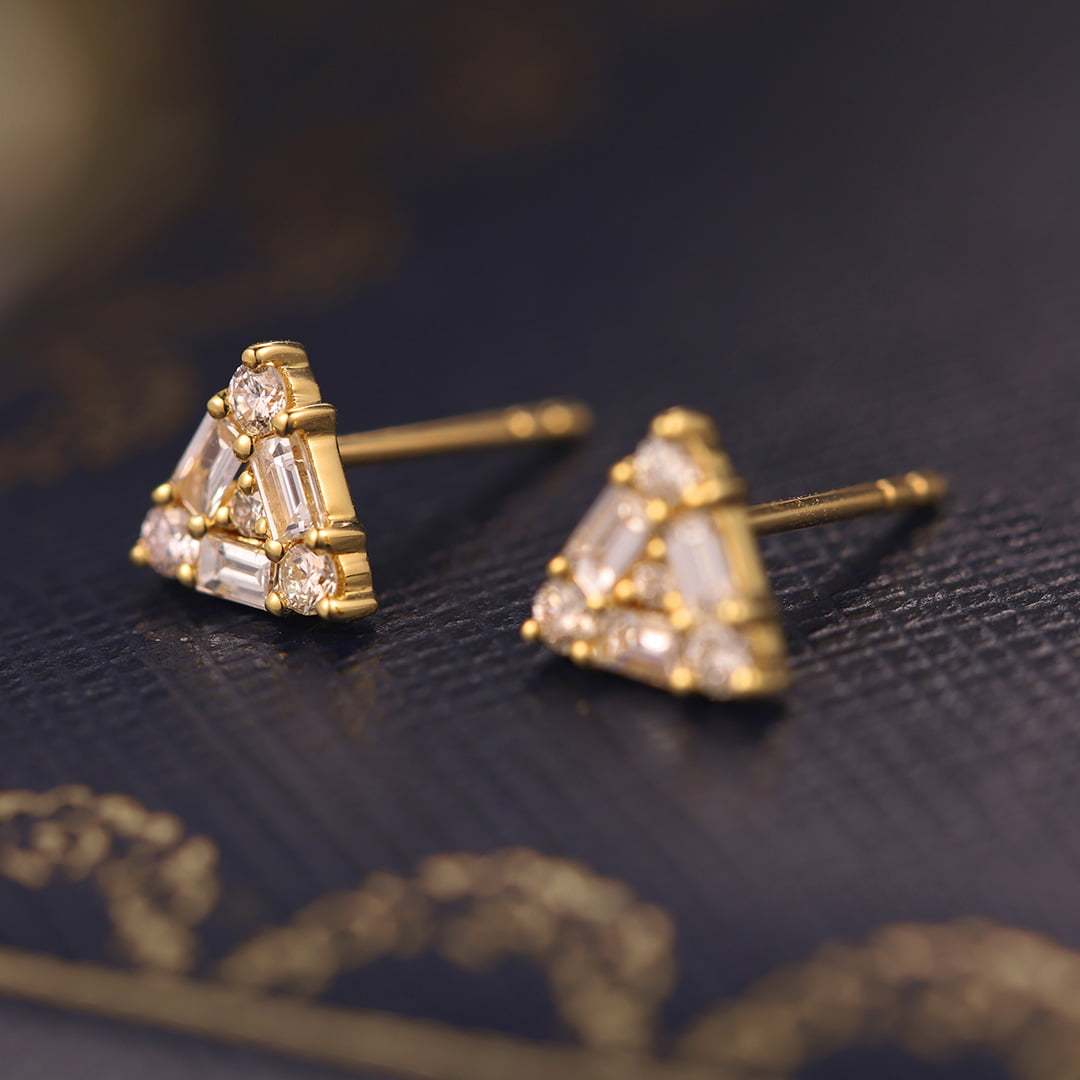 14K Yellow Gold Diamond Earrings Triangle Diamond Earrings Triangle Earrings Diamond Stud Earrings Real Natural Diamond Earrings