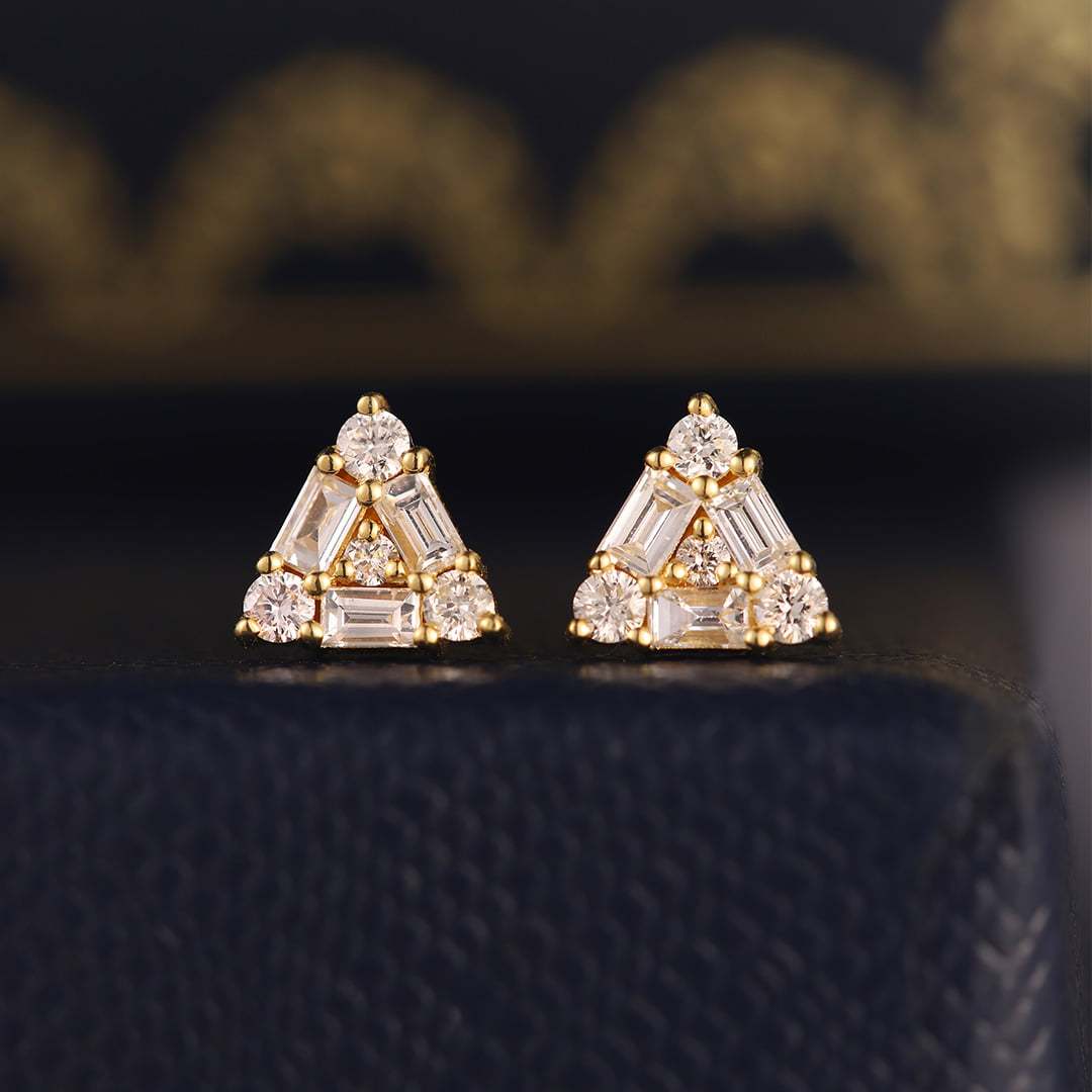 14K Yellow Gold Diamond Earrings Triangle Diamond Earrings Triangle Earrings Diamond Stud Earrings Real Natural Diamond Earrings