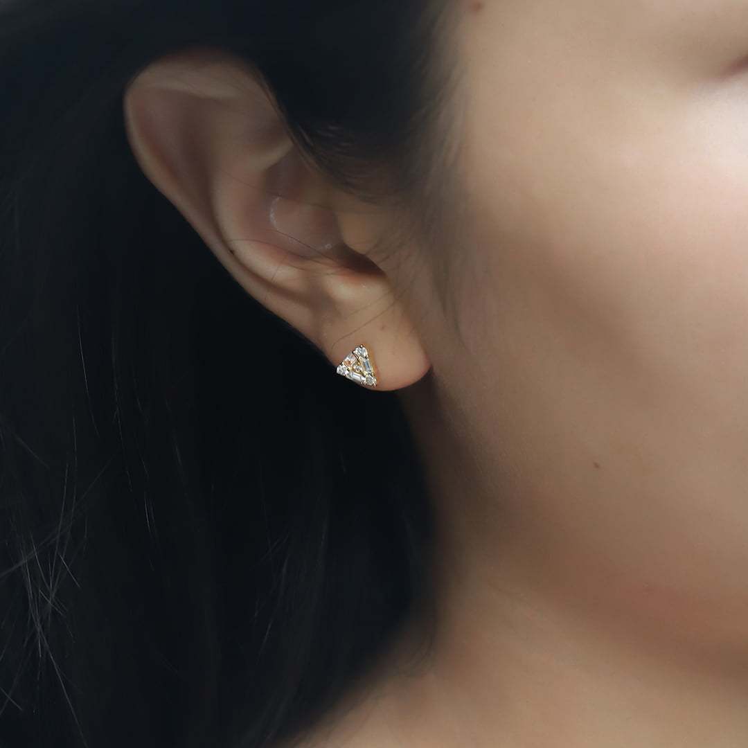 14K Yellow Gold Diamond Earrings Triangle Diamond Earrings Triangle Earrings Diamond Stud Earrings Real Natural Diamond Earrings