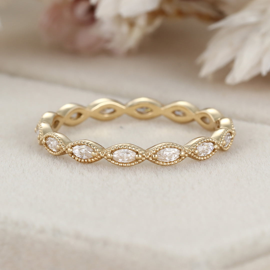 14K Yellow Gold Eternity Matching Stacking Bridal Marquise Moissanite Wedding Band