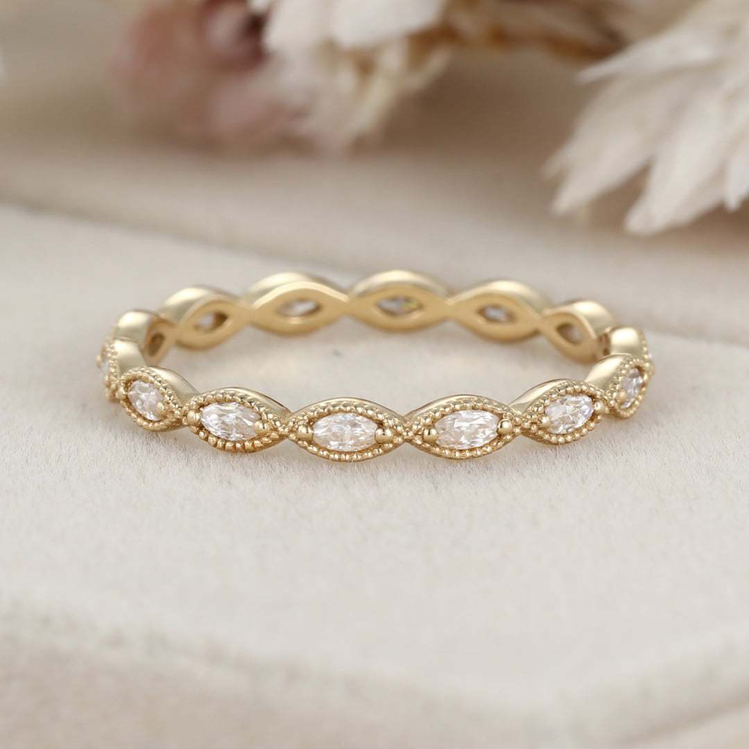 14K Yellow Gold Eternity Matching Stacking Bridal Marquise Moissanite Wedding Band